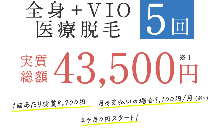 全身＋VIO医療脱毛５回／実質総額43,500円※1／1回あたり実質8,700円｜月々支払いの場合1,100円/月（※2）｜2ヶ月0円スタート！