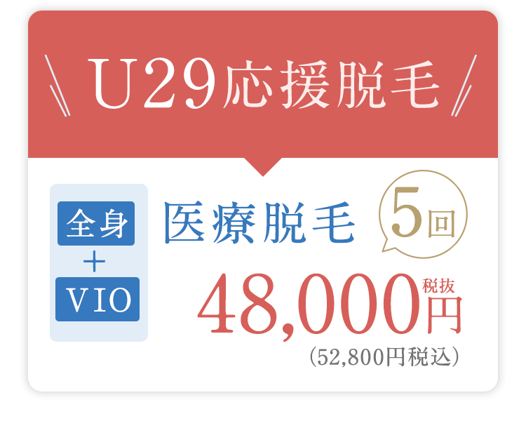 10〜20代限定キャンペーン＼U29応援脱毛／「全身＋VIO」医療脱毛5回48,000円税抜（52,800円税込）・「全身＋VIO＋顔」医療脱毛5回117,000円税抜（128,700円税込）